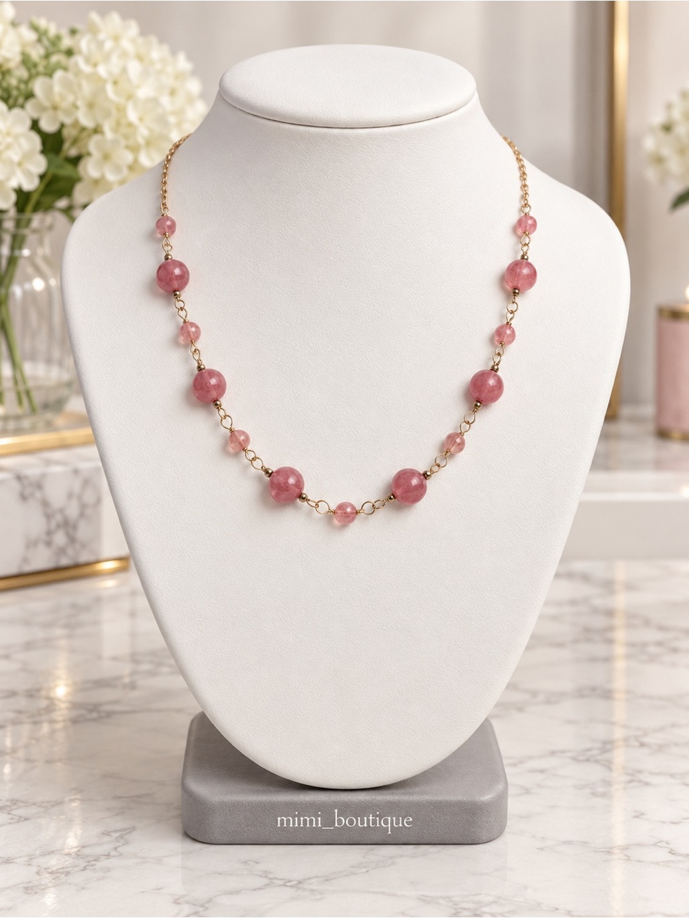Pink Agate Gemstone Gold Necklace 18”